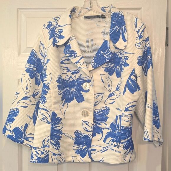 Susan Graver Blazer Jacket Size XL Floral Cream 3/4 Sleeve 2 Button Closure - Picture 1 of 7